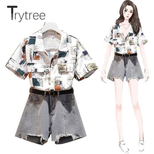 Trytree 2020 Summer Women two piece set Casual Turn-down Collar Single Breasted Top + Cowboy Shorts Tassel Fashion 2 piece Set