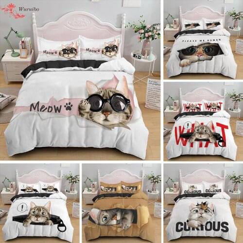 Cute Cat Kitty Quilt Single Double Bed Duvet Cover Set Nordic Bed Cover 150/135/90 2/3Pcs King Queen Bedding Sets Four Seasons
