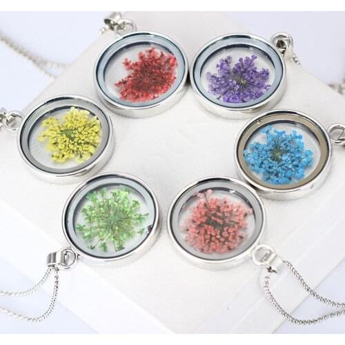 Fashion Dried Flower Necklace Summer Fine Charm Jewelry for Women/Girl Friend Gift Round Glass Floating Box Pendant Necklaces