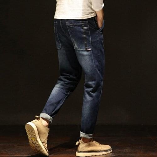 Fashion Stretchy Jeans Men Straight Dark Blue Color Mens Hole Ripped Jeans New Male Pockets Casual Pants Loose Plus Size 28-42