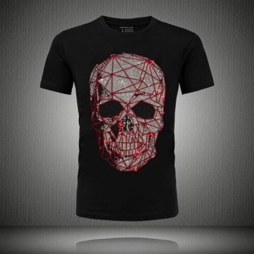 Plus Size Fashion Skull Rhinestones T Shirts Men Brand Short Sleeve Man Streetwear O Neck Slim Tshirts Calaveras Camiseta