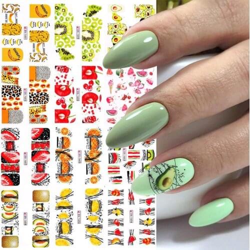 12pcs Avocado Nail Stickers Cute Flower Leaf Transfer Sliders For Nails Fruit Maple Water Decals Tatto For Manicuring Decoration