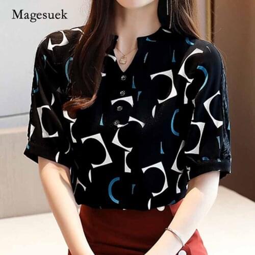 2020 Summer New Geometric Printed Chiffon Buttton Tops Short-Sleeved Office Lady Womens Blouse V-Neck Ladies Shirt Blusas 10678