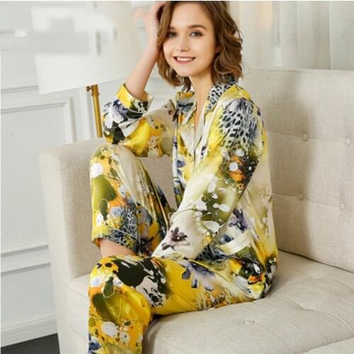 2020 NEW Pure Silk Pajamas Women Sleepwear Summer Spring Long Sleeve Pyjama Sets Two-Piece Sexy SILK Home Clothing Female FMH65