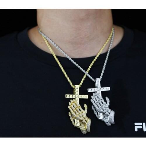 High quality Classic hiphop skull hand cross pendant with full cz paved long rope chain necklace for women men punk rock Jewelry