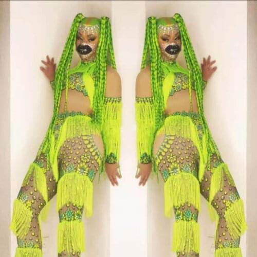 Female Singer Rhinestone Fringe Jumpsuit Nightclub Gogo Dancer Stage Bodysuit Birthday Outfits For Women Pole Dancewear DWY5001