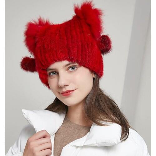 Luxury genuine fox mink fur womens knitted hat fashion fox fur caps Middle aged beanies Female Elegant Warm Lady Caps 20HY-01