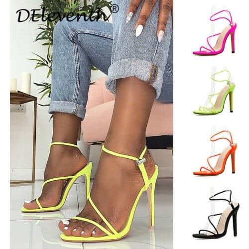 Women Sandals Thin High heels Summer Brand Party Shoes Pointed Toe Flock 11.5CM Buckle Strap sandal women shoes 2020 size 35-42