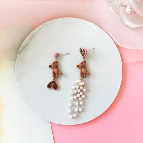 Cartoon bear earrings love asymmetrical temperament pearl tassel earrings