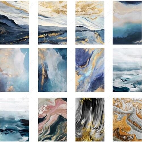 Nordic Abstract Marble Art Canvas Painting Blue Sea Golden River Posters and Prints for Living Room Modern Home Decor Pictures