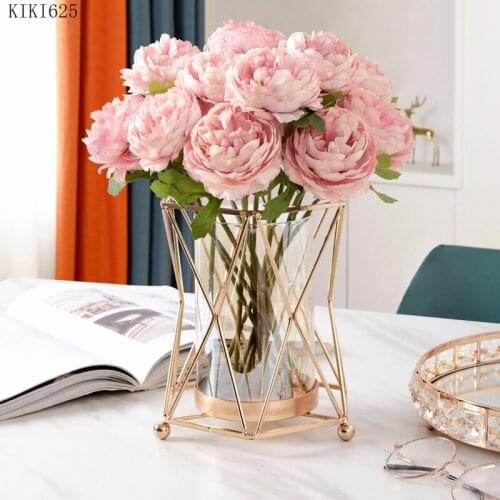 Nordic Hollow Metal Glass Vase Flower Arrangement Dried Flower Hydroponic Vase Crafts Desktop Ornament Wedding Vases Home Decor