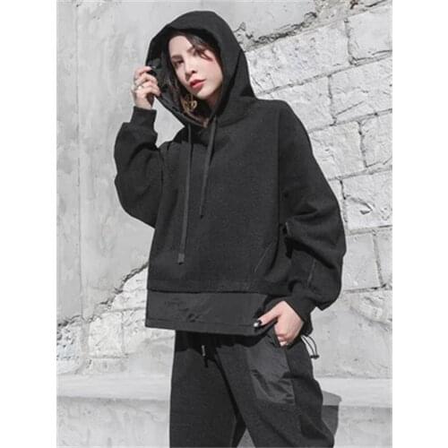 Autumn and winter hoodie personality pull rope pullover jacket splice large coat