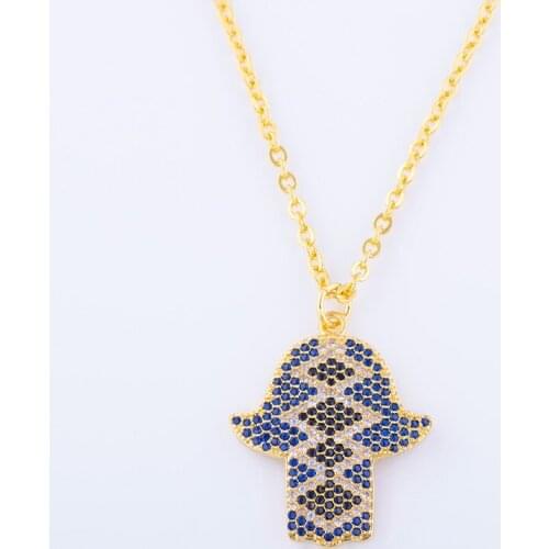 Vintage Micro Pave Colorful Zircon Crystal Palm Hamsa Charms Necklace Wholesale Copper Long Chain Best Friends Pendant Diy Colar