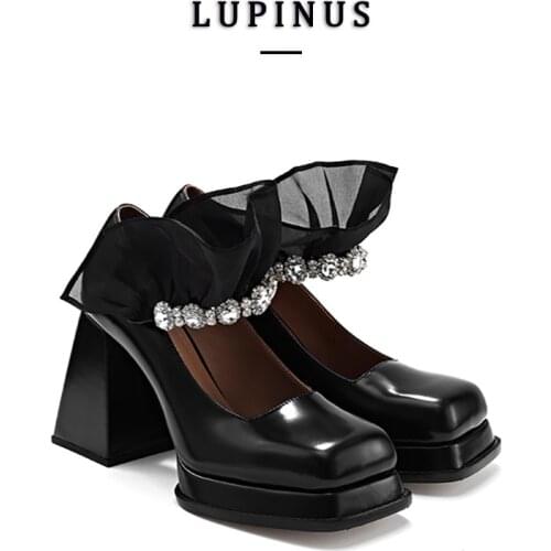 Vintage Mary Jane Shoes Women Lace Rhinestone Buckle High Heels Women Thick Heel Square Toe Pumps Women 2021 INS Hot Recommend