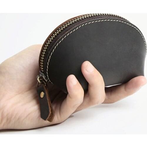 Handmade Vintage Men Shell Coin Purse Genuine Leather Zipper Pouch Mini Storage Bag Crazy Horse Leather Purse for Coins