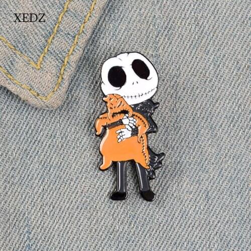 XEDZ Horror skeleton gentleman holding orange pumpkin ghost enamel pin male and female metal badge punk clothes lapel brooch g