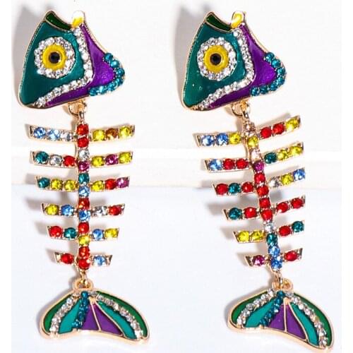Minar Statement Enamel Fishbone Pendant Earrings for Women Ladies Full Colourful Shinning Rhinestone Dangle Earrings Accessories
