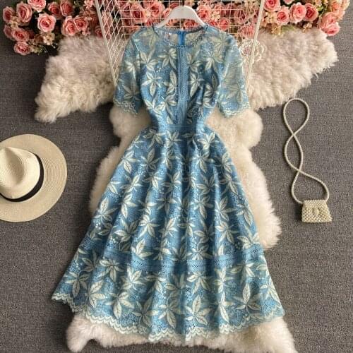 Womens Spring Summer Runway Fashion Hollow Out Lace Dress Female ChicTravel Beach Party Dress TB1887