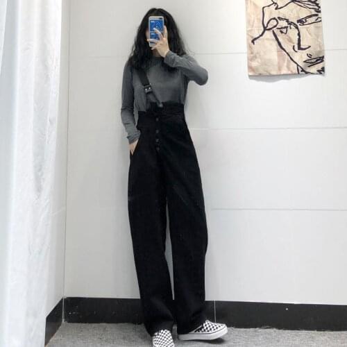 Woman Jeans Pants Black One Shoulder Denim Pants Womens Loose Detachable Two-Way Suspender Trousers Pantalones Vaqueros Mujer