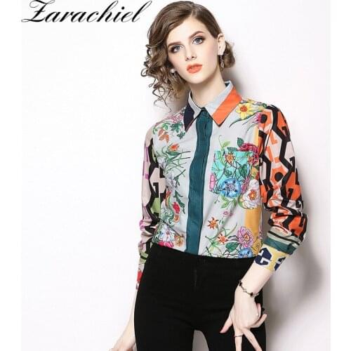 Women Runway Flower Print Tops Vintage Printing Blouses Long Sleeve Shirt Work Casual Chiffon Blouse 2021 Summer Pocket Blusa