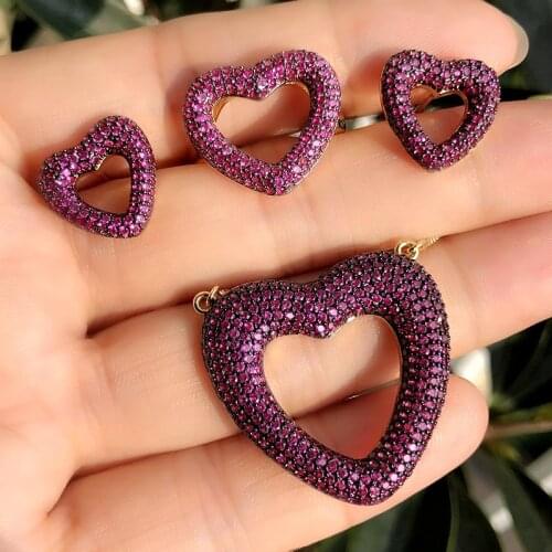 Luxury Heart Shape Jewelry Sets Multicolor Zirconia Stud Earrings Pendant Necklaces Adjustable ring Women CZ Bridal Wedding Sets