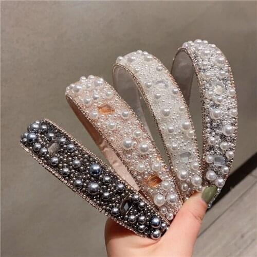 Vintage Pearl Baroque Hairband Women White Silver Pink Grey Elegant Lady Party Headband Court Broad Brimmed Hair Accessories