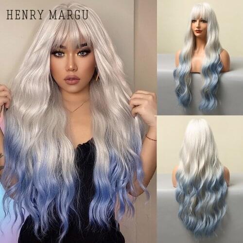 HENRY MARGU Long Water Wavy Blue White Ombre Synthetic Wigs with Bangs Natural Cosplay Party Hair Wig for Women Heat Resistant