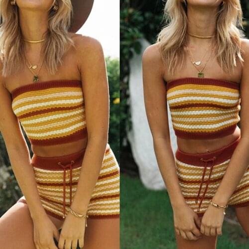 Womens Striped Knitting Two Piece Sets Drawstring BOHO Tube Top and Shorts Set