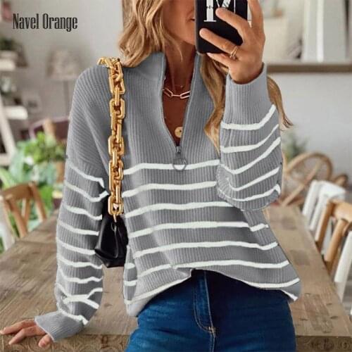 New Women O-Neck Full Sleeve Casual Hooded Spring Autumn Loose Knitted Striped Ladies Pullovers Zippers Streetwear Dropshipping