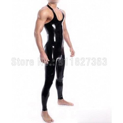 100% Natural Latex Catsuit Mens Latex Rubber Catsuit Sleeveless Bodysuit Club Wear Jumpsuit w Back Crotch Zipper Customized