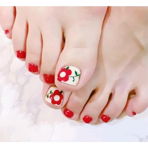 24pcs/Box Toenail Foot Pure Red Color Short Length Toenails Handmade Glue Flat Fake Nails Decorations Art Tips Toes Fashion 2021