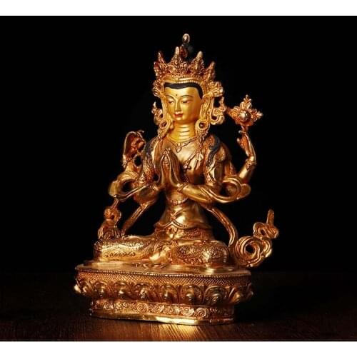 400--GOOD Buddha # 8 inch -HOME Temple efficacious Protection # Tibetan Buddhism Gilded Shadakshari Avalokitesvara buddha