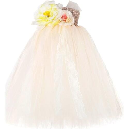 Champagne Flower Girl Dresses Full Length Vintage Flower Girl Tutu Dress Tulle Princess Children Girls Wedding Party Gown Dress
