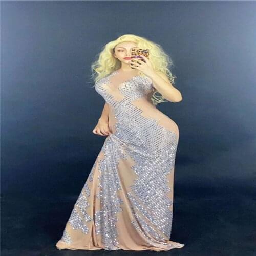 H52 Singer Dancer Sleeveless Ballroom Crystal Drilling Pearls Mesh Slim Elastic Stretched Jumpsuit Diamond See-Through Colorful