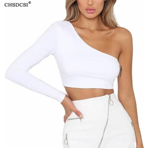 CHSDCSI Hot Sexy One Sleeve Solid Crop Tops Women Casual One Shoulder Backless T Shirts Elegant Stretchy Black Outfits Tees