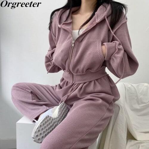 Sweet Candy color Sweashirt Trousers Tracksuit Women Outfits Short Hoodies Jacket Elastic Waist Pants Corduroy Sport 2 piece set