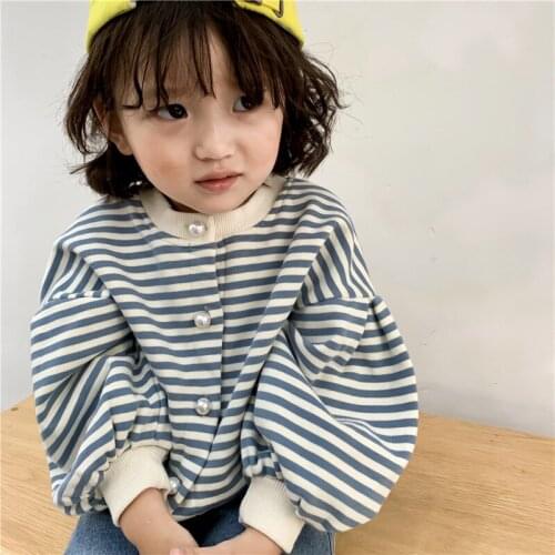 2 3 4 5 6 Year Girls Jackets Autumn Casual Striped Lantern Sleeve Jackets For Girl Kids Clothing Fashion Pearl Girl Knit Sweater
