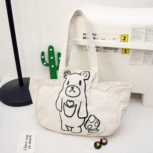 Cartoon cute bear shoulder bag girls portable canvas bag simple art retro student shopping bag leisure travel diagonal bag