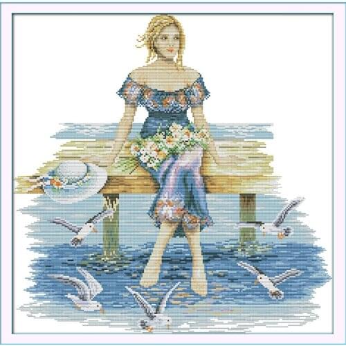 Beauty in the seaside(1) cross stitch kit people 18ct 14ct 11ct count print canvas stitches embroidery DIY handmade needlework