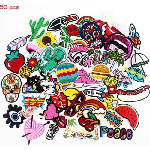 50pcs a Lot Mixed Cloth Patches Cute Embroidery Iron on Badges Kids Girls DIY Applique for Jackets Bags Stickers Patchwork