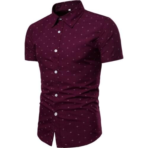 2019 new brand anchor print short sleeve shirts men dress eu size slim camisa social mens shirts casual slim fit