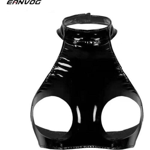 2021 New Women Sexy Wetlook Leather Camisole Erotic Open Cup Bust Nipple Exposed Latex Halter Neck Leather Crop Tank Tops Glossy