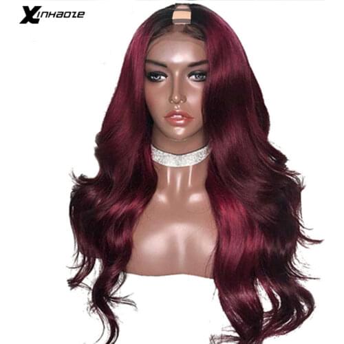 Xinhaoze Ombre 99J U Part Wigs Middle/Left/Right Part Malaysian Body Wave Pre Plucked 180% Density 2x4'' U Part Human Hair Wigs