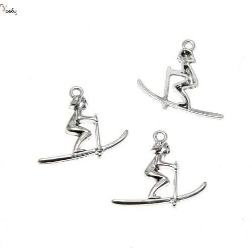 20pcs/lot Snow Skier Charm Antique Tibetan silver tone Skier Travel Theme Charm pendant 26x24mm