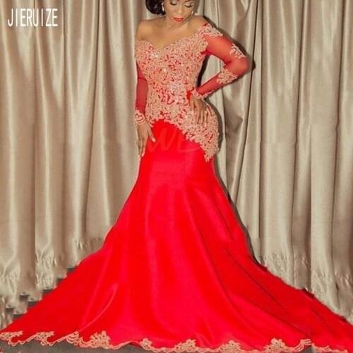 JIERUIZE Luxury Red African Wedding Dresses Long Sleeve Off Shoulder Backless Gold Lace Appliques Wedding Gowns vestido de noiva
