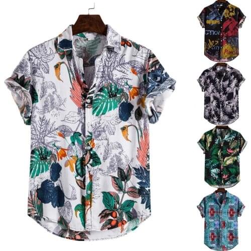 Linen Short Sleeve Shirt Men Summer Floral Loose Baggy Casual Hawaii Holiday Beach Shirt Tee Tops Buttons Blouse National Style