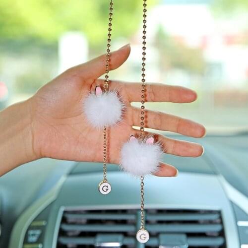 Mink hair ball simple cute cat ears car pendant creative gift rearview mirror Ornaments decoration car accessories for girls