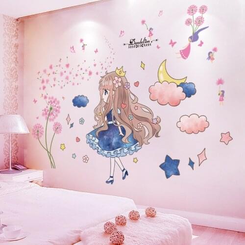 [shijuekongjian] Cartoon Girl Wall Stickers DIY Dandelion Flowers Wall Decals for Kids Room Baby Bedroom Dorm House Decoration