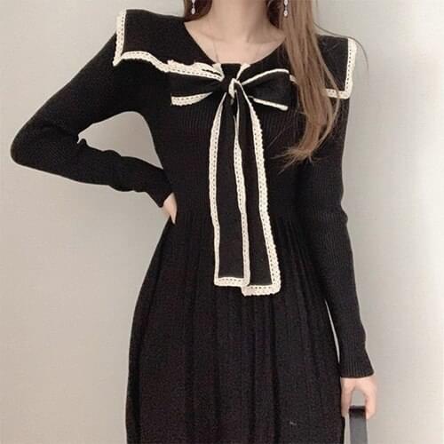 Chic Sailor Collar Knitted Women Dress Lace Patchwork Bow Drawstring Pleated Dresses Sweet Elegant High Waist Vestidos