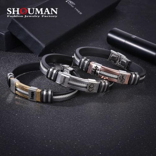 SHOUMAN Personalized Mens Fashion Punk Exquisite Stainless Steel Silicone Bracelet Carved Baby Name Cross Men Bracelet Jewelry